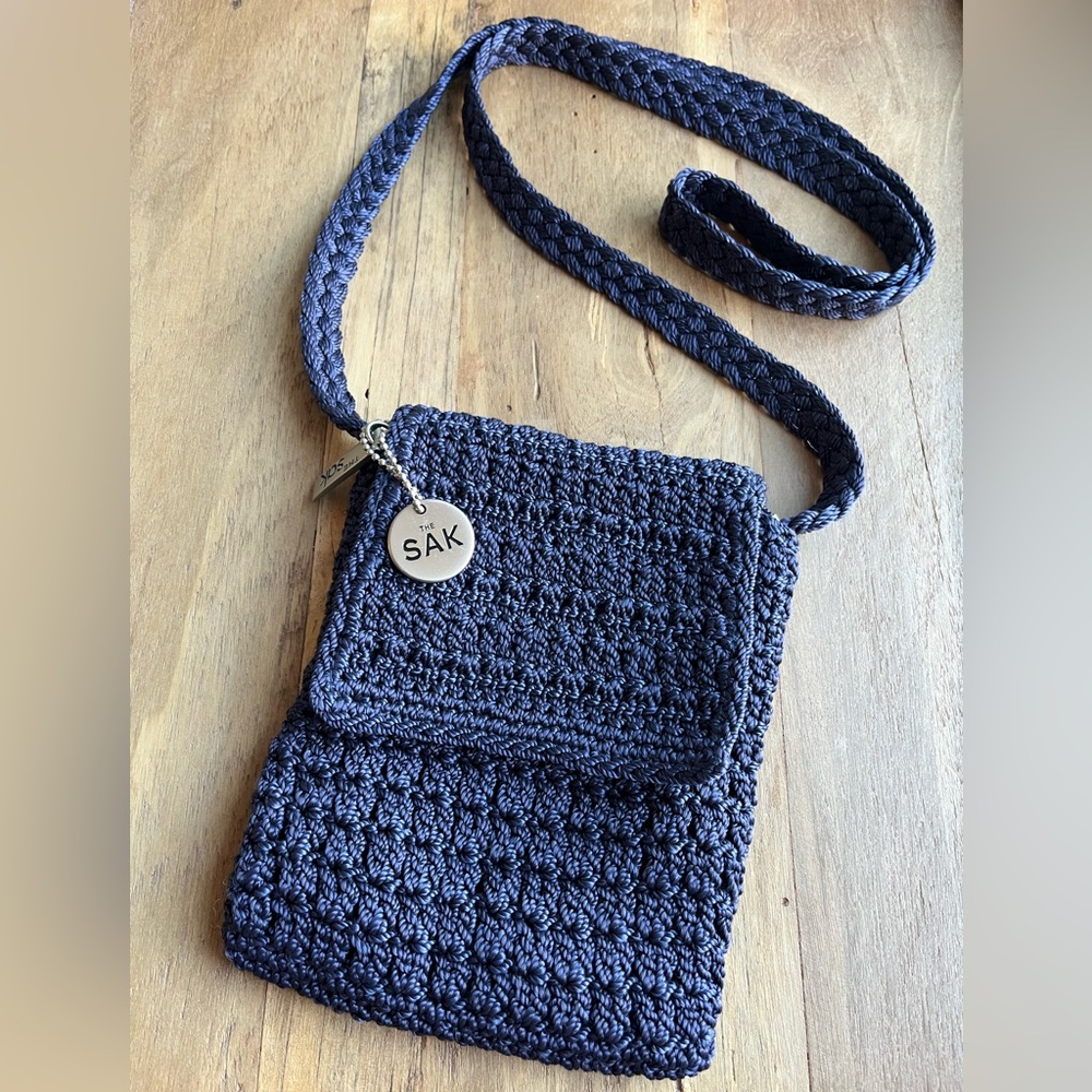 The Sak Mini Crochet Flap Crossbody Shoulder Bag Navy